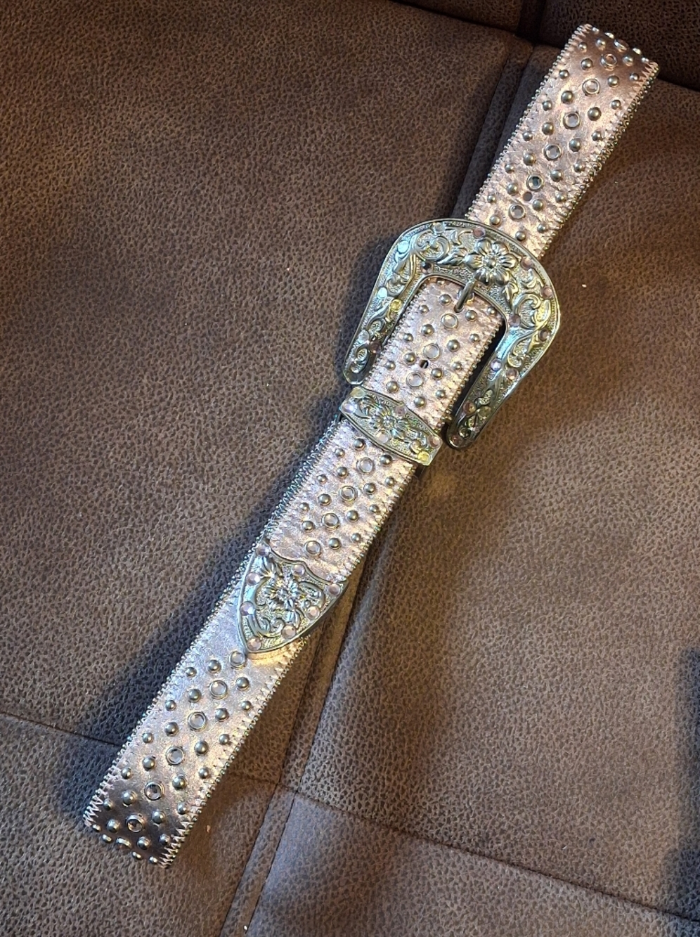 Studded Metallic Rosegold Pink Western Belt with Ornate Buckle 29 To 33 Inches